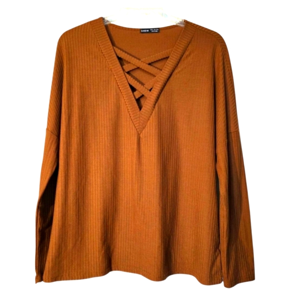Shein Sexy Caramel Brown V-Neck Textured Long Sleeve Tunic Top XL EUC